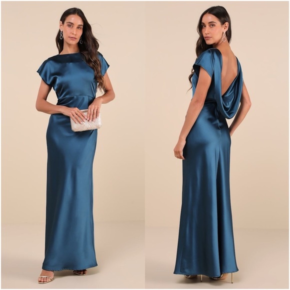 LULU’S Captivating Presence Dark Teal Satin Cowl Back Maxi Dress - Picture 1 of 5